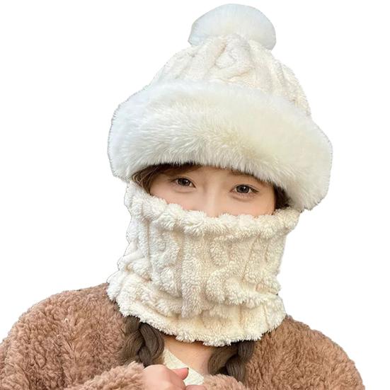 Gorro Pulôver 3-em-1 Gorro de Tricô Cor Sólida Decoração de Bola de Pelúcia Forro de Lã Cachecol Máscara Facial Chapéu Acessórios para Clima Frio