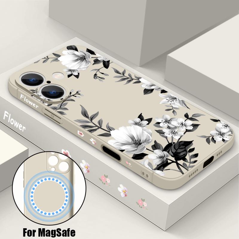 

Магнитный чехол с черно-белым цветочным узором для Magsafe, для iPhone 16 Pro Max, Coque iPhone 15 Pro Max 14 13 11 17, чехол со встроенной металлической пластиной iPhone17