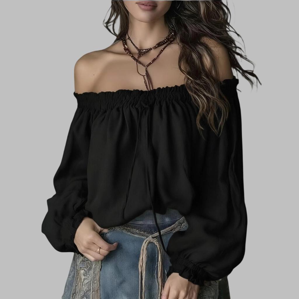 Women's Off-Shoulder Puff Sleeve Blouse with Elastic Neckline and Design Long Sleeve Fashion Top