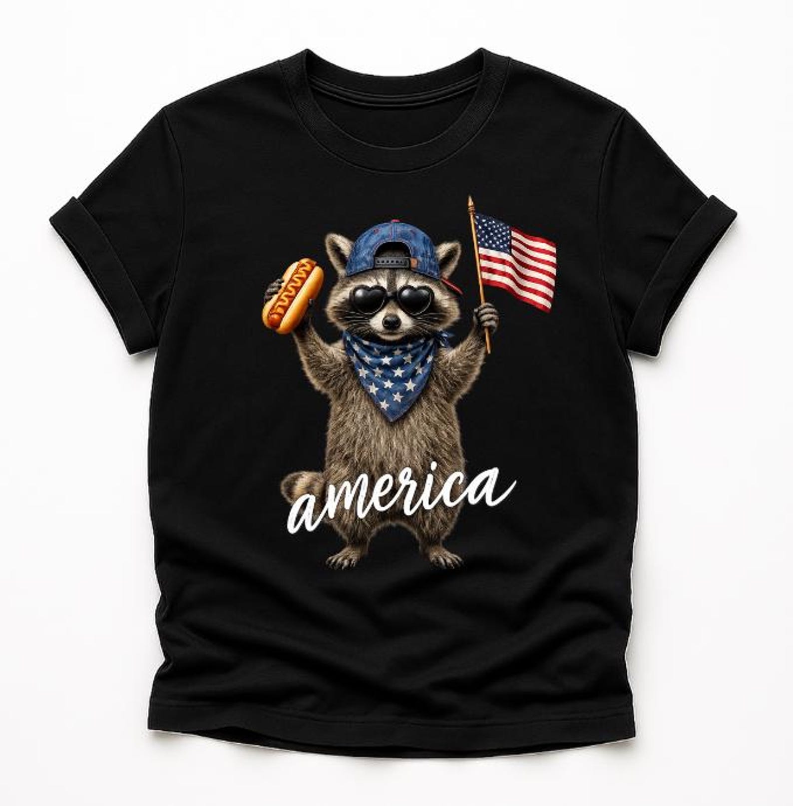 America Raccoon T-Shirt, Patriotic Raccoon Gift, USA Animal Graphic Tee, 4th of July Raccoon Shirt S