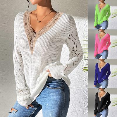 Women's Fashion Casual Solid Color Lace V-neck Patchwork Long Sleeved Pullover Casual Bottom Sweater Top