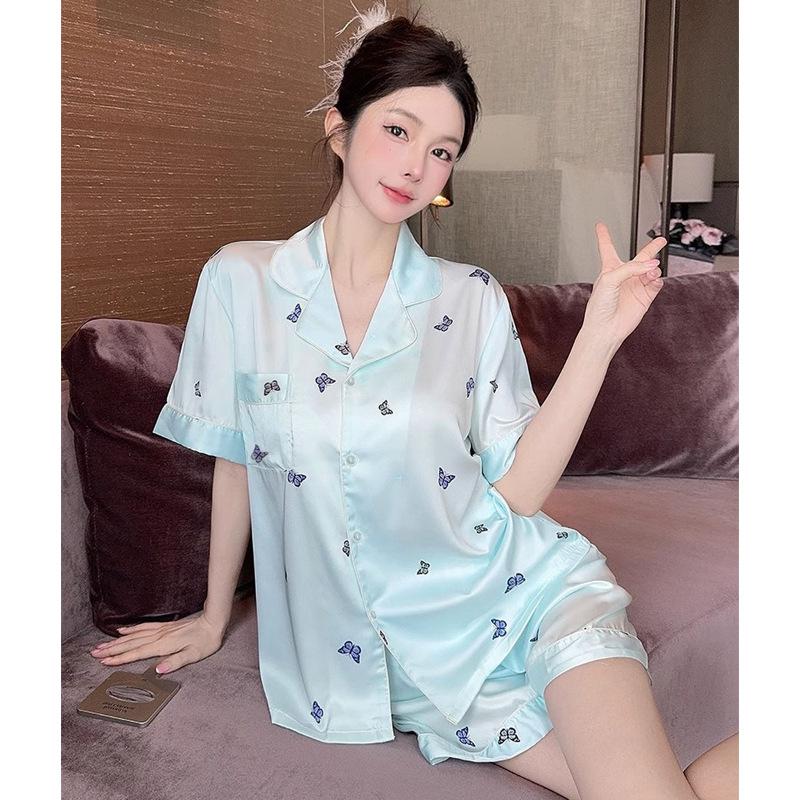 

Summer Color Small Butterfly Print Elegant Pajamas Women S Imitation Silk Short-Sleeved Shorts Loungewear 2XL