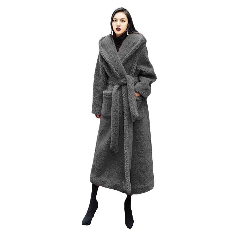 Autumn and winter casual celebrity new fashion lamb wool imitation fur coat women's medium and long lapel hooded tide