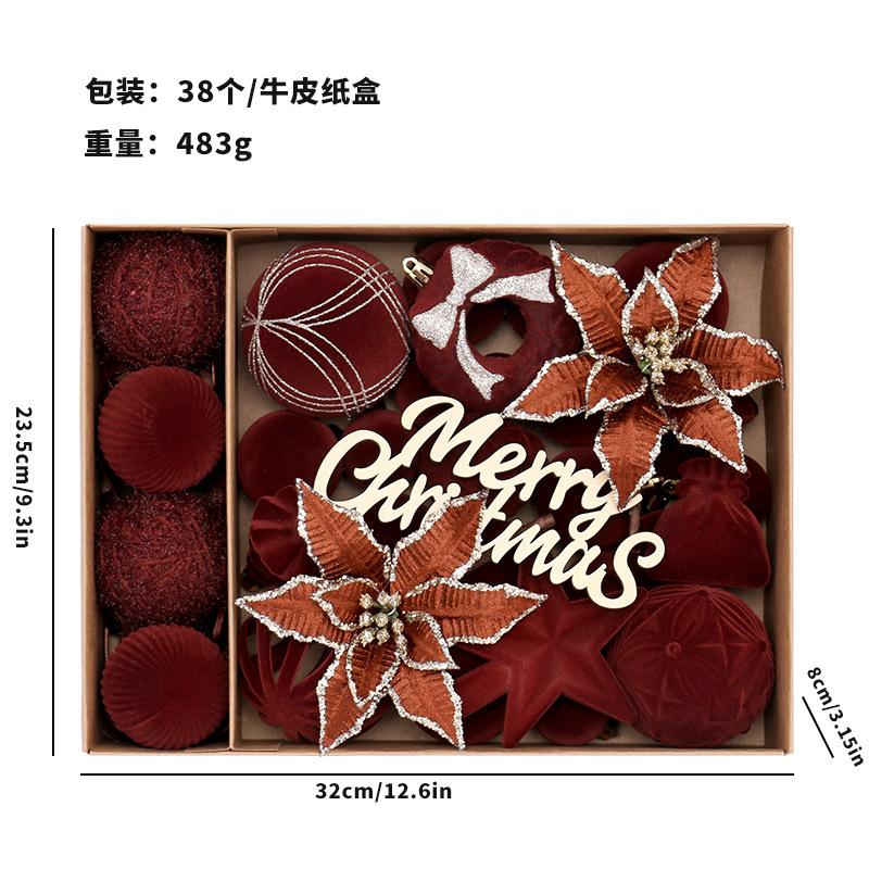 38pcs/set European Flocking Christmas Flowers - INS Style Decoration Set with Balls & Tree Pendants Home Xmas Tree Decorations