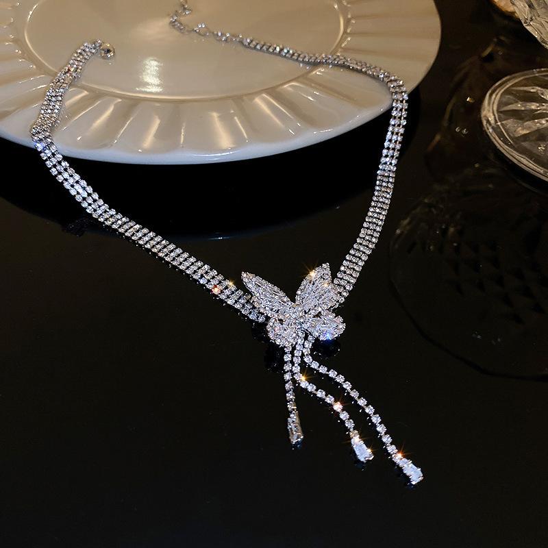 Korean super flash diamond bow tassel necklace fashion personality collarbone chain necklace women