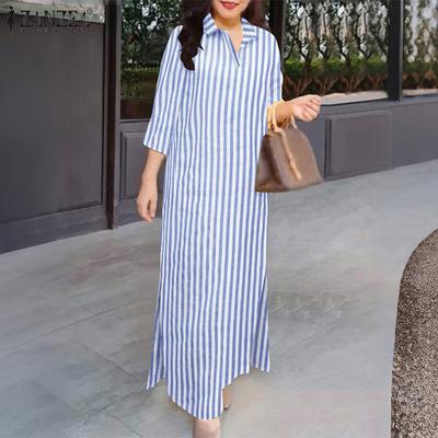Women Casual Turn Down Collar Loose Short Sleeve Stripe Shirt Dress