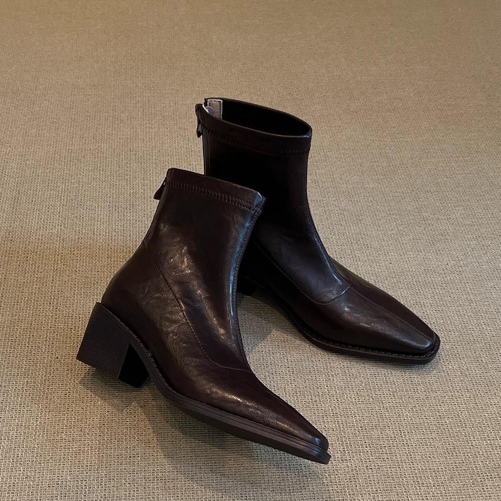 

Version Medium Pointed Retro Elastic Skinny Boots Commuter Temperament Post Zipper Thick Heel Short Boots Women s Skinny Black Boots 35