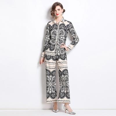 Spring Autumn Runway Designer Print Two Piece Set Women Long Sleeve Shirt Top And Elastic Waist Wide Leg Pant Suit