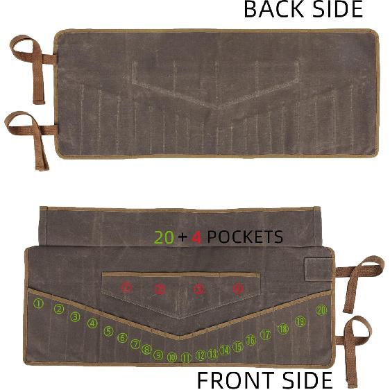 Denifiter Wrench Roll Up Pouch, Heavy Duty Waxed Canvas Tool Roll Bag Tool Organizer Bag With 20+4 Pockets (Brown)