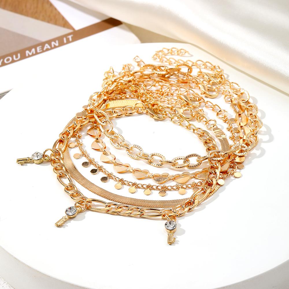 Snake Chain Love Diamond Anklet 5 Piece Gold Artificial Diamond Pendant Love Hollowed Out Lock Chain Snakebone Chain Girls Bracelet Anklet Accessories