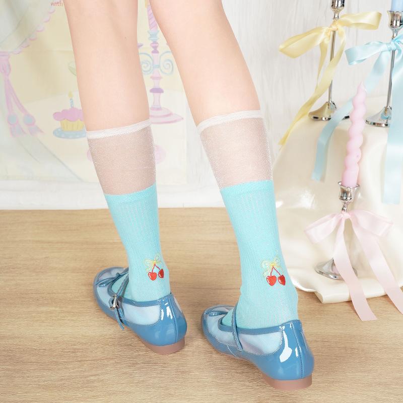 Summer Lightweight Women's Socks - Cute Animal Embroidery Glass Thread Mid-calf Stockings, Breathable Combed Cotton Edge Socks, Pile Socks