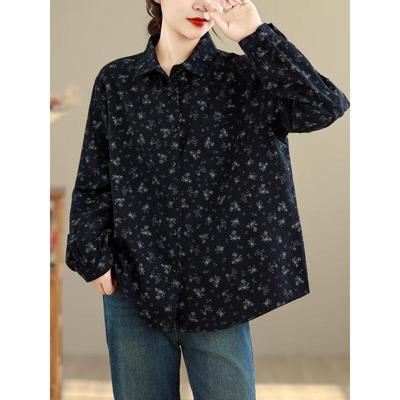 Women's Long Sleeve Retro Floral Cotton Shirt - Loose Fit, Slimming Temperament, Thickened Base Layer
