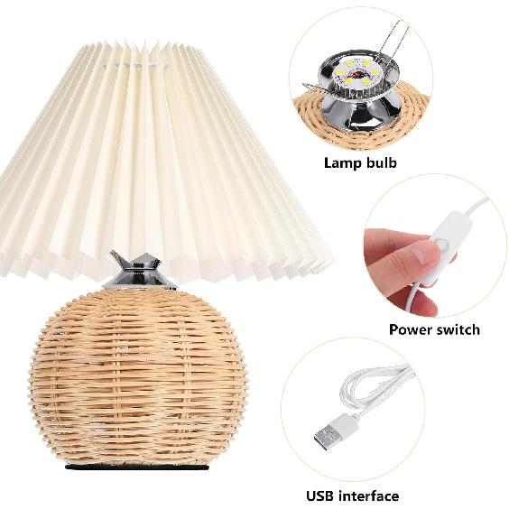 STOBAZA Bedside Table Lamp for Bedroom, Bedside Lamps for Nightstand with Pleated, Rechargeable Desk Reading Light for Living Room Kids Room Dorm