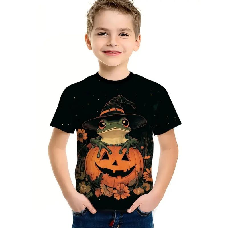 Round Neck 3D Pumpkin Animal Printed T-shirts Short Sleeved Children's Boy T-shirts - Soft Medium Stretch Polyester Fabric Summer Relaxed Fit Clothing