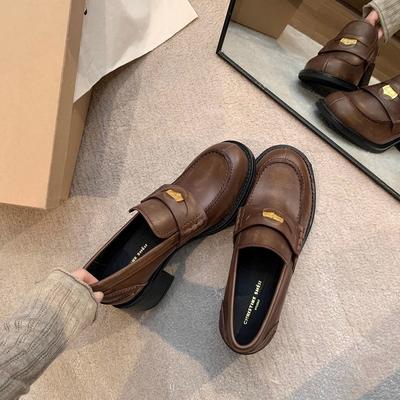 Cowhide Version~ Zhang Yuanying Genuine Leather Polished Retro Miu Gold Coin Thick Heel Lazy Loafer Single Shoes Women's Small Leather Shoes