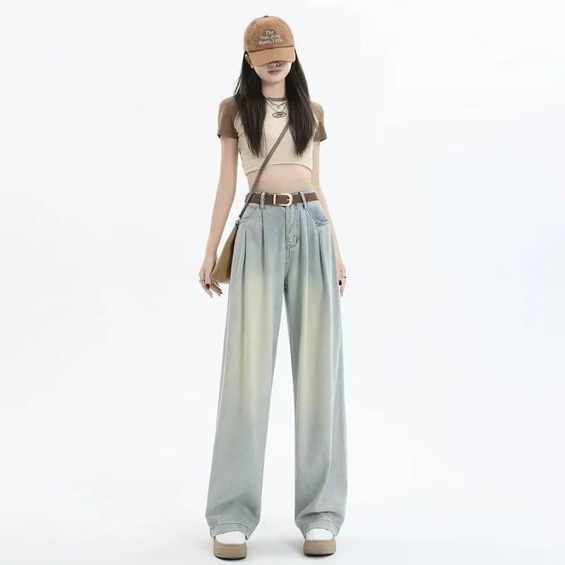 

Women s Retro Cement Gray High-Waisted Wide-Leg Jeans - Trendy, Versatile, Slimming, Nostalgic, Loose, Casual, Straight-Leg Pants 2XL 129-143 jin