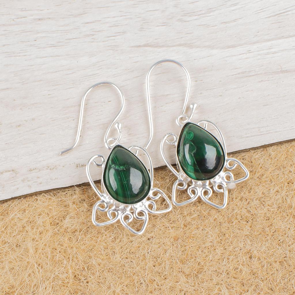 Malachite Pendant, 925 Sterling Silver Earrings, Gift For Women Handmade Earrings Gemstone Jewelry, For Wedding Gift