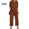 Damen Alltagsmode 3-teiliges Set Damen Mantel Weste Hosen Set Langarm Strickjacke Rundhals Ärmellos Elastische Taille Weiter Bein Hosen Casual Lockerer Hosenanzug