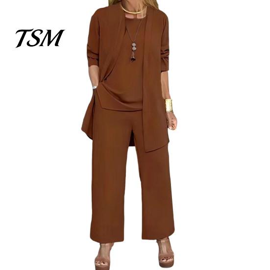 Damen Alltagsmode 3-teiliges Set Damen Mantel Weste Hosen Set Langarm Strickjacke Rundhals Ärmellos Elastische Taille Weiter Bein Hosen Casual Lockerer Hosenanzug