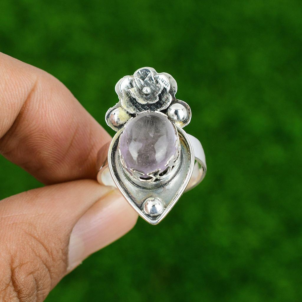Natural African Amethyst 925 Silver Promise Flower Adjustable Ring For Girls