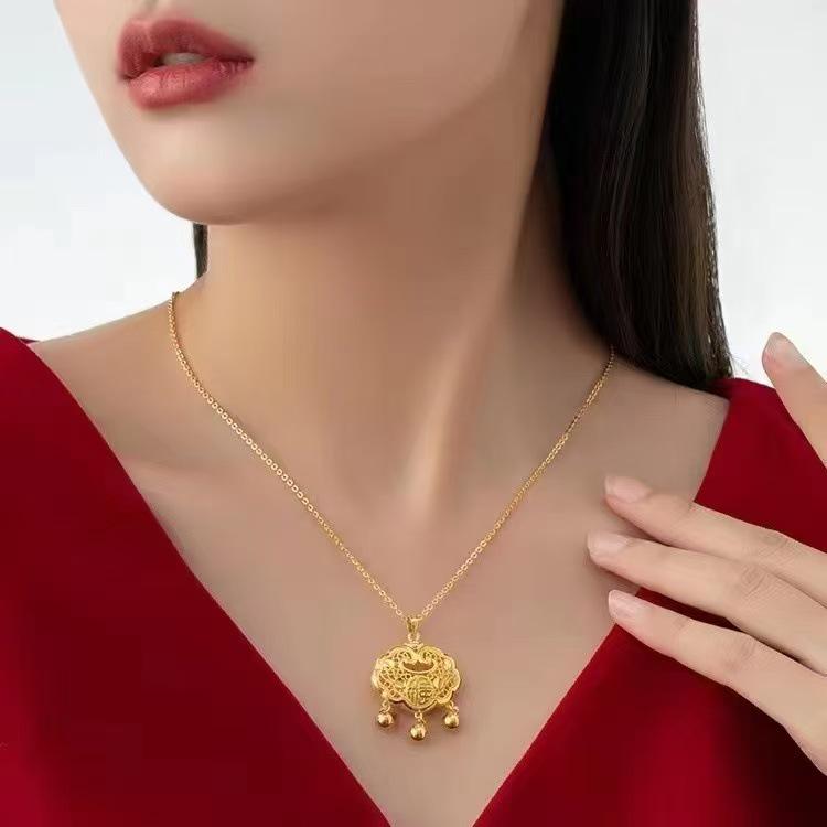 Versatile Chinese Ruyi Pendant Necklace with Hollow Fu Character - Women's Temperament Clavicle Chain Accessory
