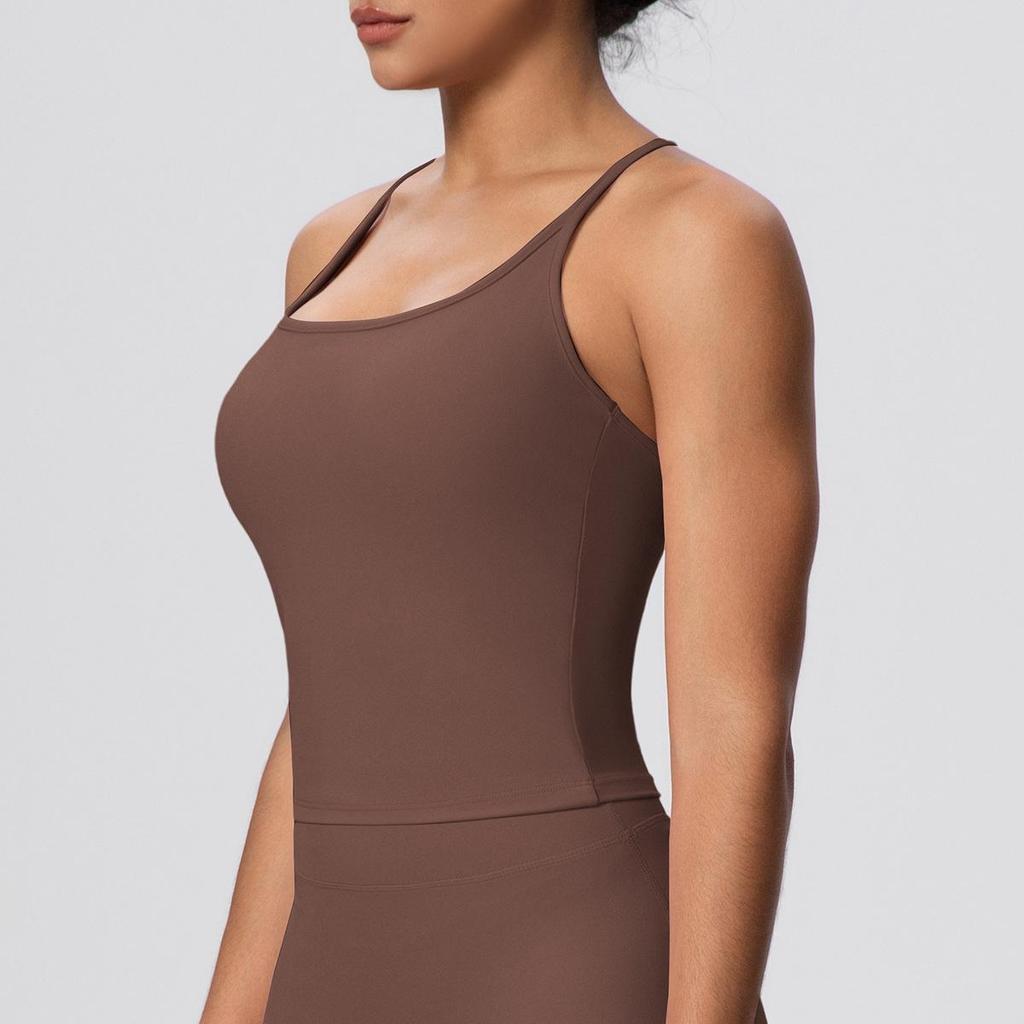 Solid Color Cross-Back Yoga Tank with Chest Pads - Quick-Dry, Fitted Sports Top