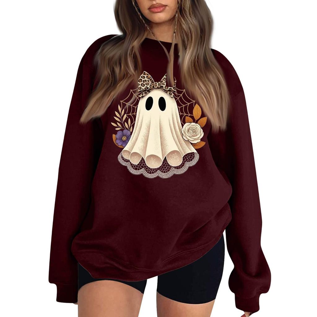 Women's Long Sleeve Neck Sweatshirt Loose Fit Casual Pullover Top with Small Halloween Print