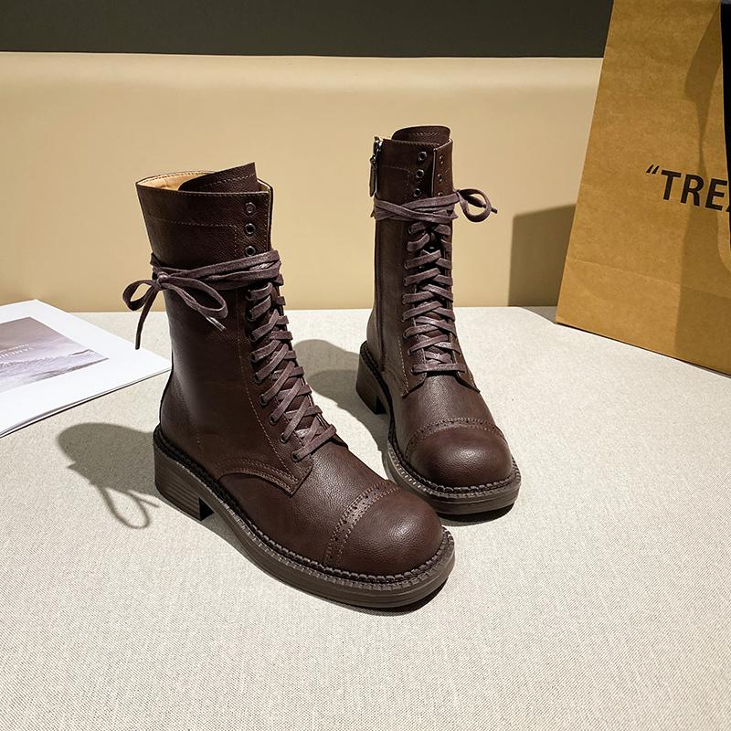 Biker Boots Women  New Fall Vintage Ladies Boots British Style Lace-up Large Size 41-43 Women's Booties
