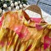 French Vintage Print Chiffon Dress Women Bow Lace-up Lantern Sleeve Elegant Loose Casual Evening Holiday Dresses