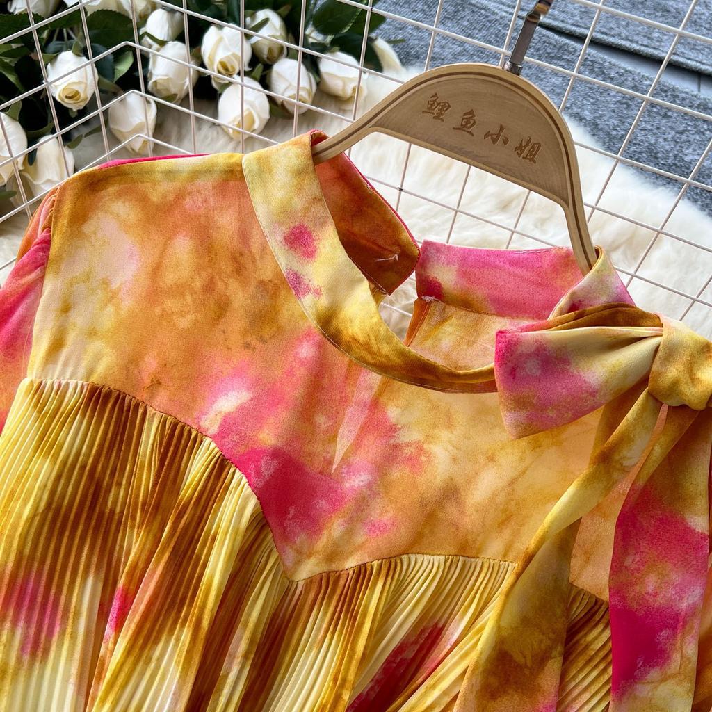 French Vintage Print Chiffon Dress Women Bow Lace-up Lantern Sleeve Elegant Loose Casual Evening Holiday Dresses