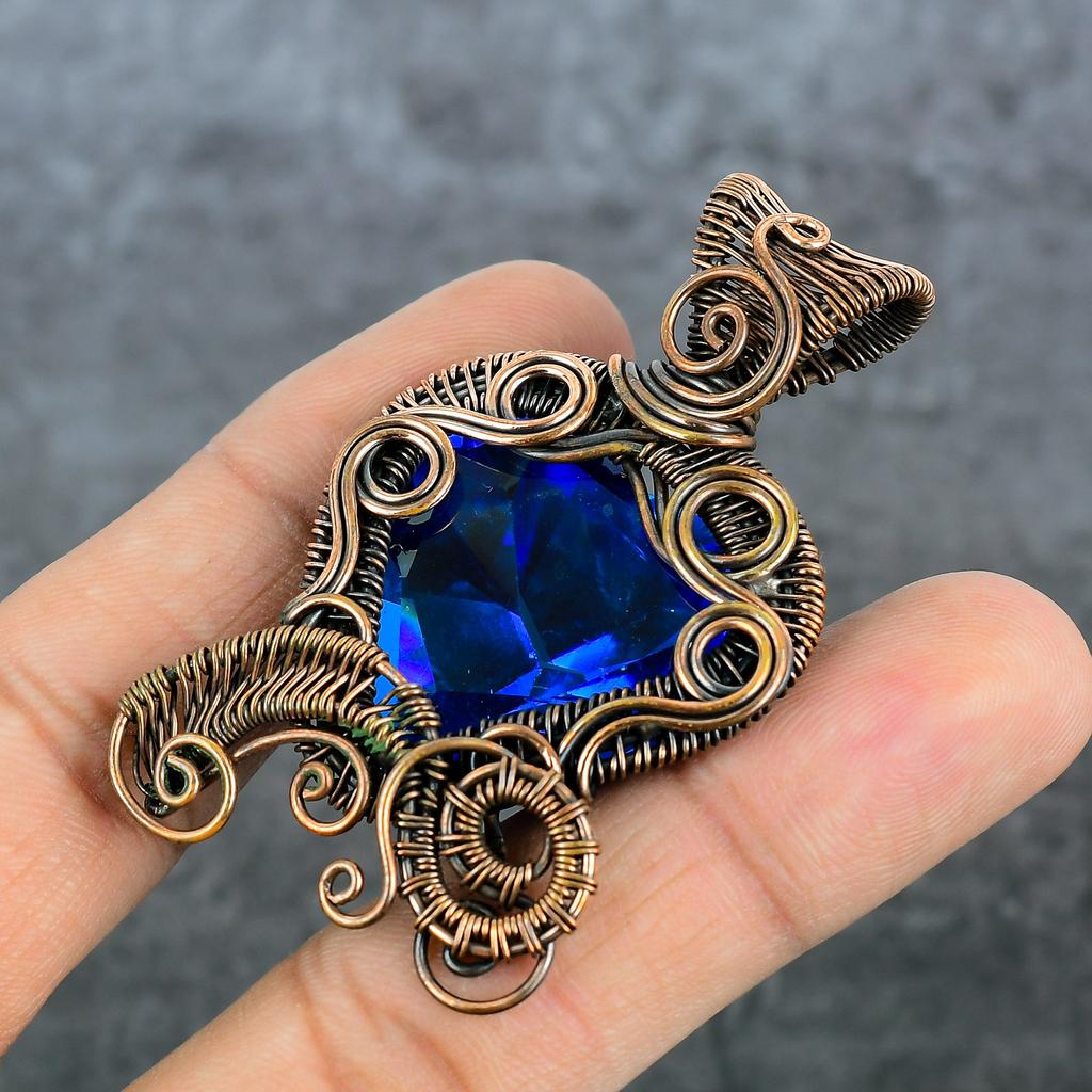 Blue Topaz Handmade Copper Wire Wrap Jewelry Pendant 2.56" c5P57