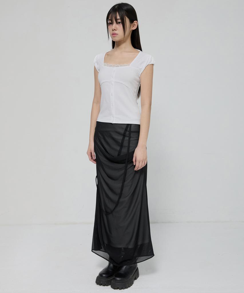 Peulleeoeob Draped Mesh Layered Long Skirt (Fl-264_Black)