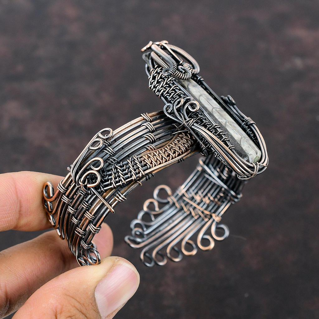 Orthoceras Fossil Cuff Bracelet Copper Wire Wrapped Bangle Handmade Gemstone Jewelry Adjustable Bangle Anniversary Gift Copper Wire Jewelry