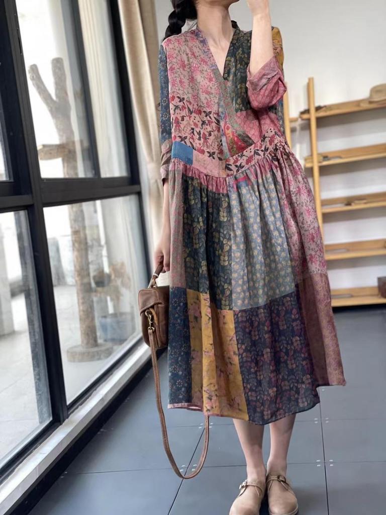 2025 Wiosna/Lato Lniana Sukienka z Dekoltem V, Kwiatowa, Retro, Etniczna, w Bloki Kolorystyczne, Luźna, Casualowa