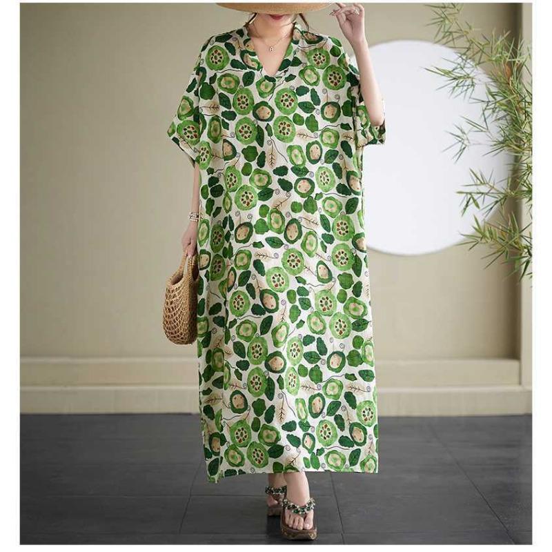 2025 Summer Floral Vacation Style Travel V-Neck Vintage Long Flesh Covering Dresses