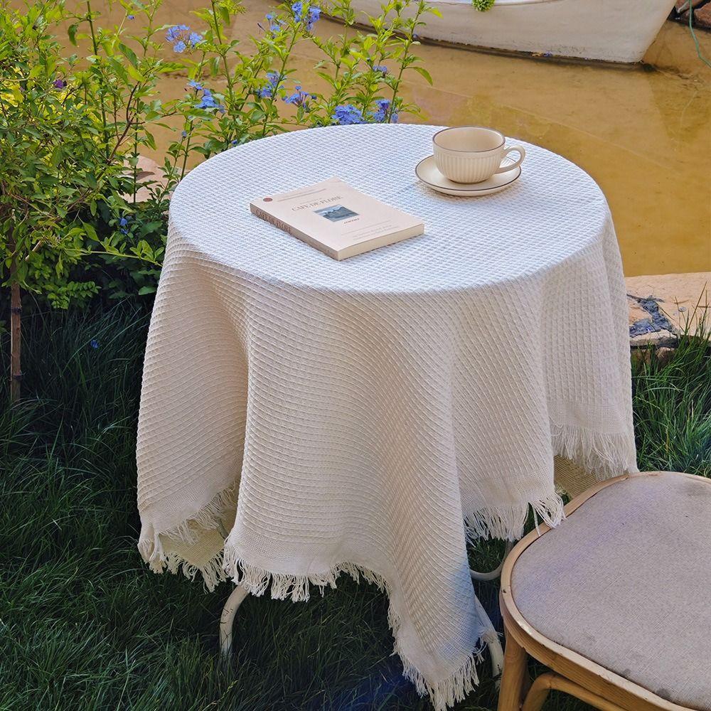 Multi-purpose Garden Table Cloth Waffle Texture Fringe Round Table Tablecloth Solid Color Tassel Dinner Tea Table Covers Dessert