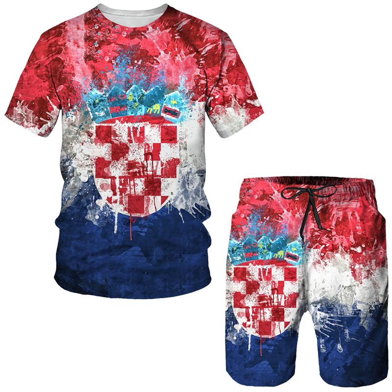 Summer Spain Flag 3D tisk Sada krátkých rukávů pro muže Mužské Barevné Funny Streetwear Dvoudílné tepláky Volné Hip Hop Streetwear