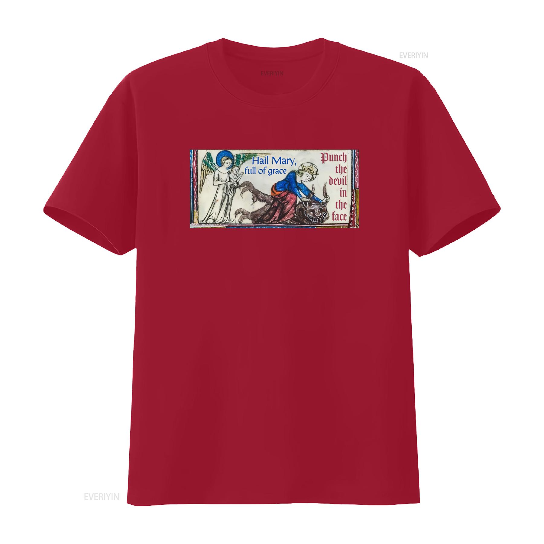 Hail Mary Full of Grace Punch the Devil in Face T Shirt Catholic Priest Ordination Confirmation Funny Comedy Design vintage S