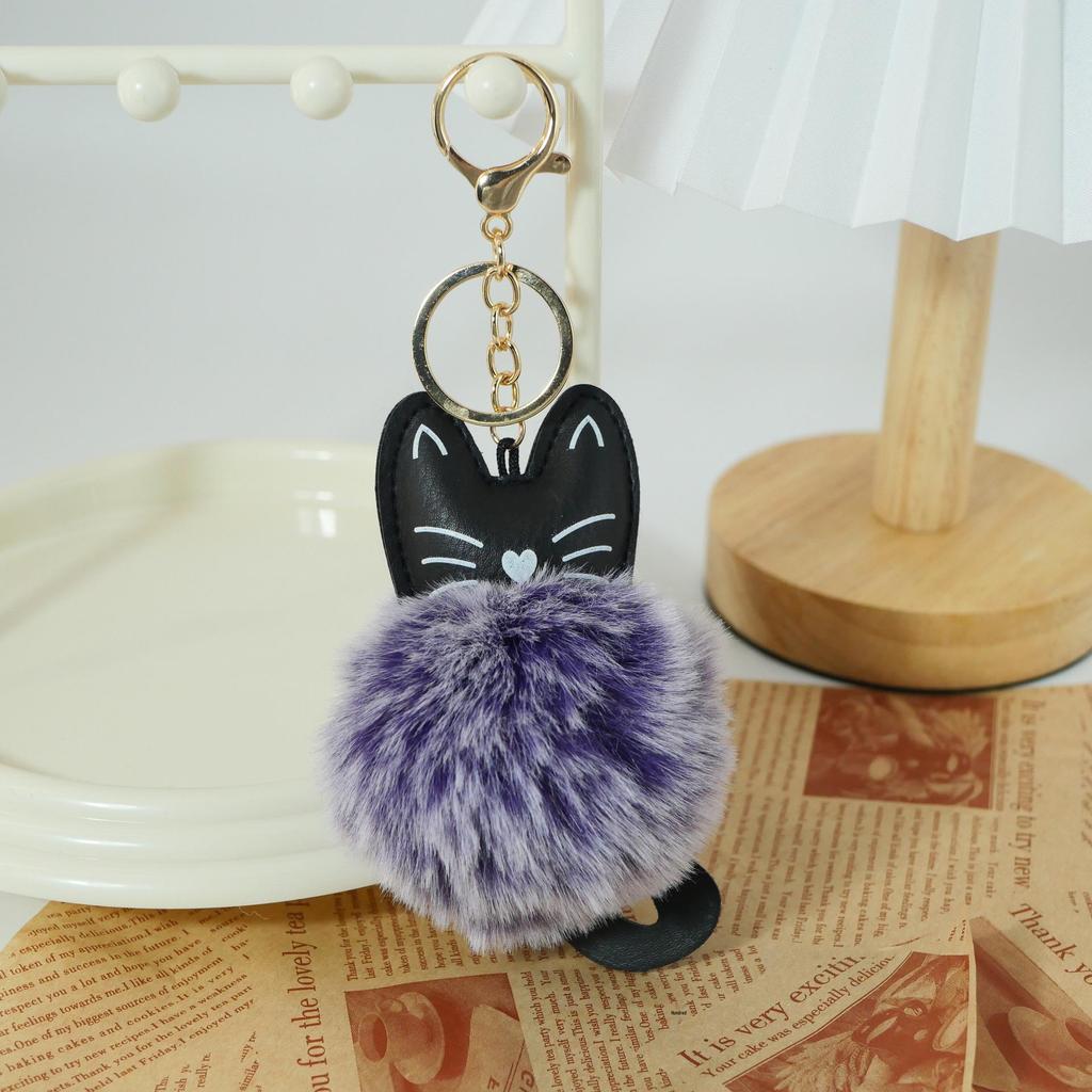 Adorable Black Cat Keychain with Faux Fur Ball Pendant