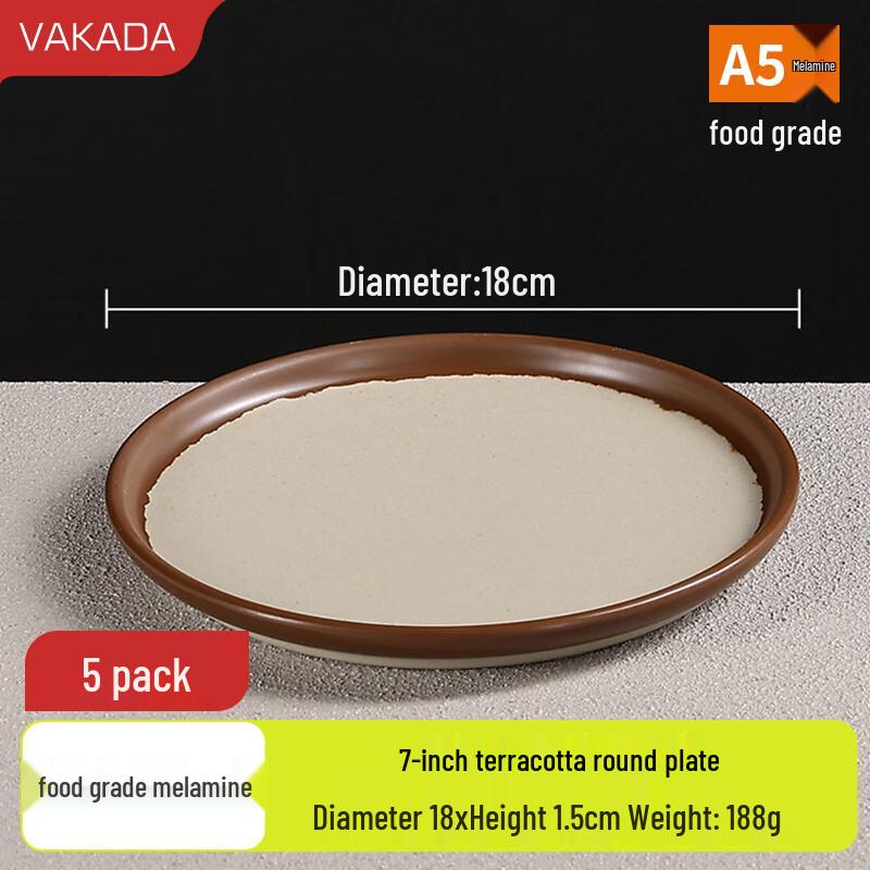 VAKADA 7-inch Imitation Porcelain Melamine Round Dinner Plates, 5-Pack