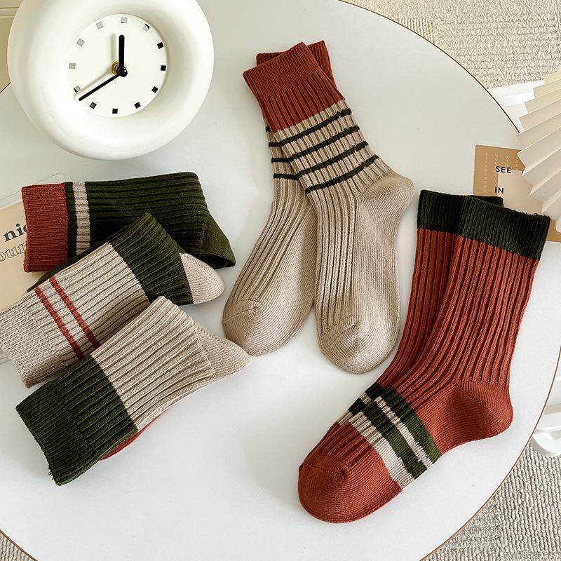 Female Autumn and Winter Thickened Warm Pure Color Cotton Color Striped Retro Tube Stack Socks