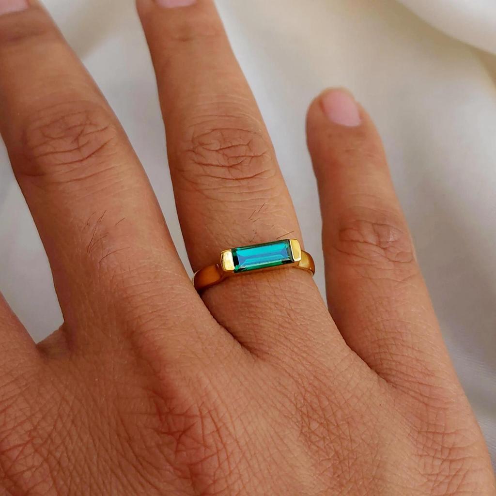 Green Baguette Emerald Quartz 925 Sterling Silver Yellow Gold Overlay Band Ring, Handmade Wedding Gift Ring Jewelry