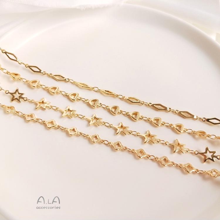 14K Gold Korean Handmade Copper Chain Bag with Star, Heart, Rhombus, and Four-Leaf Clover Charms for DIY Jewelry.