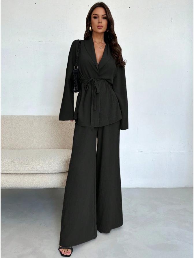 Ensemble Pantalon Jambe Large Élégant à Manches Longues et Col en V pour Femme Automne/Hiver 2025