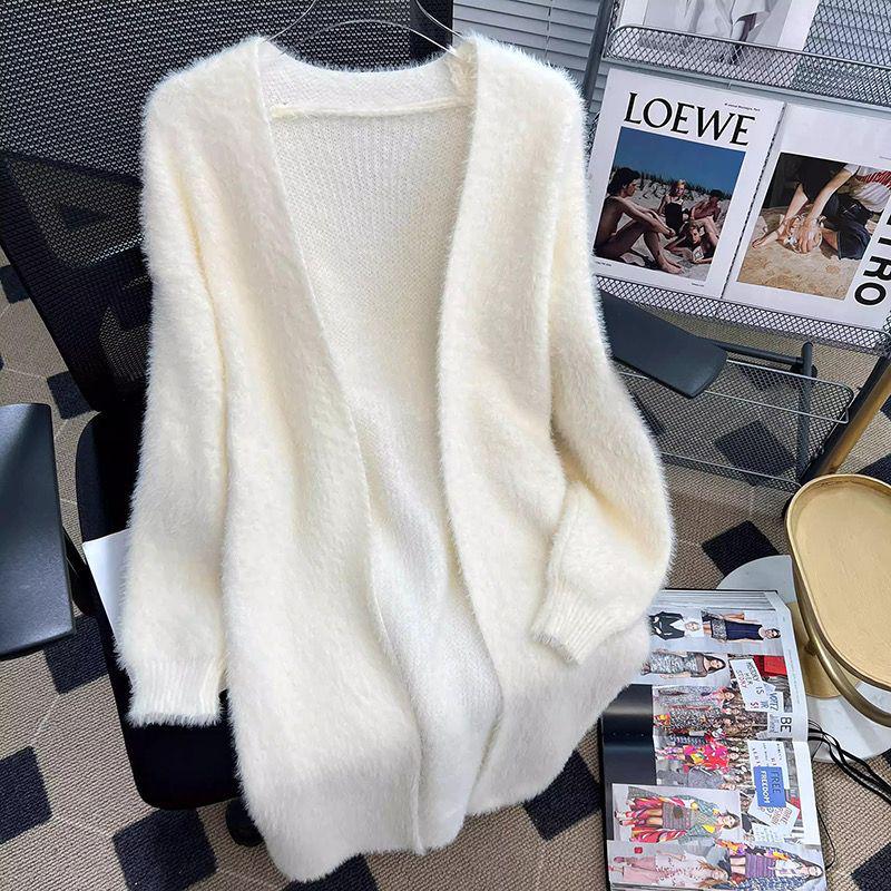 Women's Versatile Thickened Mink Cashmere Cardigan: Loose, Mid-Length Knit Sweater for Autumn and Winter.