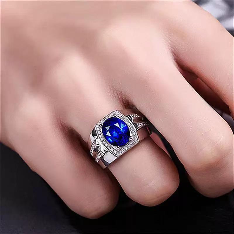 Men's Hot-Selling Blue Diamond Imitation Sapphire Ring In 18K Gold, Adjustable.