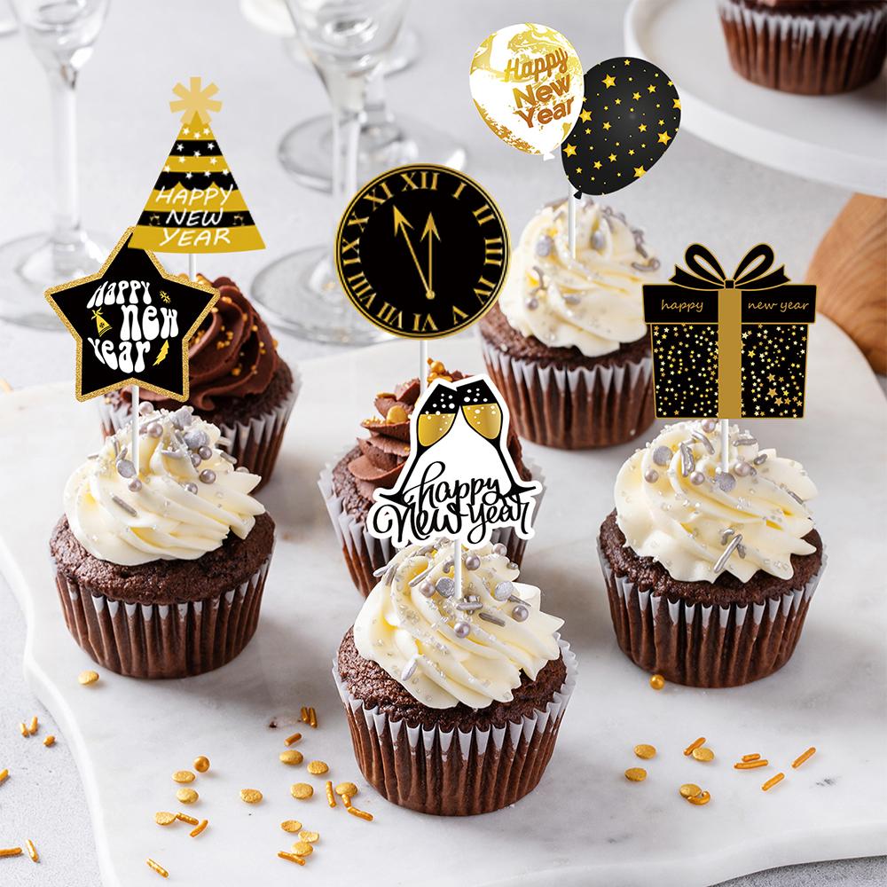 12/24pcs 2025 Happy New Year Cupcake Toppers Hello 2025 Cake Picks New Years Eve Party Supplies Welcome 2025 New Year Cake Decor