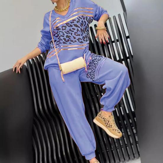 2 Pezzi/Set Abbigliamento Casual da Donna Set Top Pantaloni Scollo a V Maniche Lunghe Felpa Stampa Leopardo Bronzata Pantaloni Sportivi Vita Elastica Outfit Sportivo Autunno