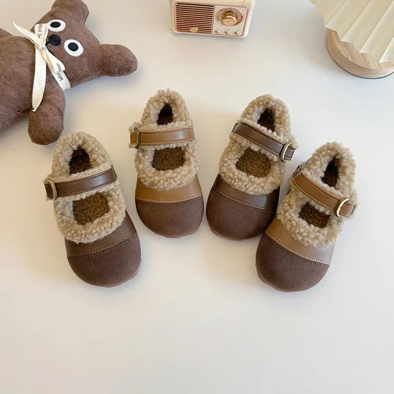 2024 Children Plush Leather Shoes for Girls Winter New Fashion Korean Style Soft Bottom Anti-slippery Versatile Chic Warm Shoes