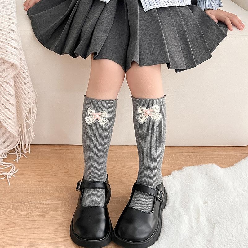 Children's Socks Girls' Solid Medium Long Socks Baby Cotton Comfortable Knee-high Socks With Bows And Lace Trim